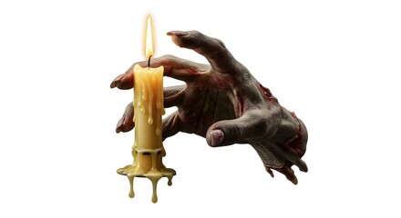 Eerie gnarled hand holding a lit candle with dripping wax, isolated on white for horror and mystery concepts