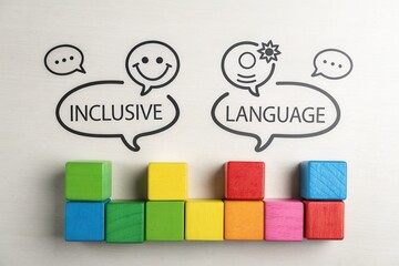 Concept of inclusive language illustrated with colorful building blocks