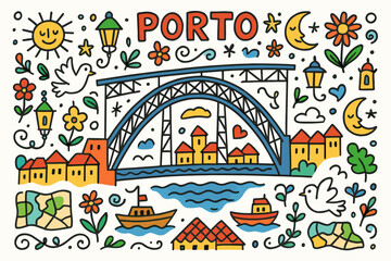 Fototapeta premium Cityscape, porto flat icon set. portugal, landmarks, culture, architecture in outline style