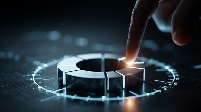 3D holographic pie chart floating in a dark digital space, with glowing segments representing market share. A person&rsquo;s finger approaches one segment, causing it to illuminate and highlight interactive