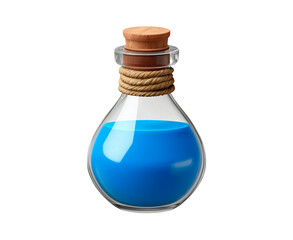 Decorative glass bottle with blue liquid, wooden stopper, and rope detail on transparent background