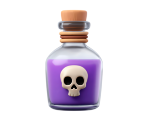 Skull-adorned bottle with purple liquid and cork stopper on transparent background