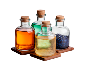 Assorted colorful elixirs in glass bottles with cork stoppers on wooden coasters on transparent background
