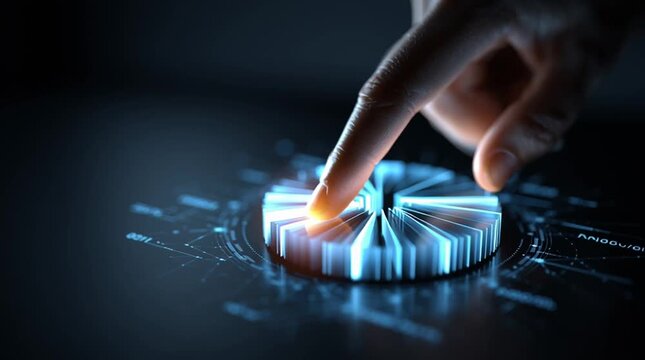 3D holographic pie chart floating in a dark digital space, with glowing segments representing market share. A person&rsquo;s finger approaches one segment, causing it to illuminate and highlight interactive
