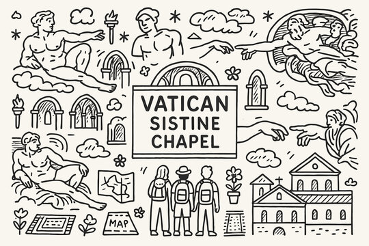 Vatican sistine chapel line icon set. religious, historic, art icons collection outline style.