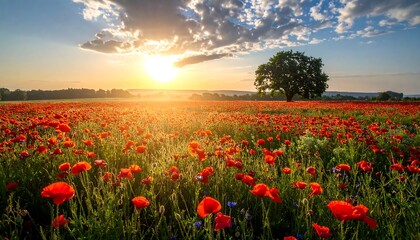 Fototapeta premium Sunrise over a vibrant poppy field