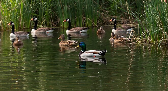 Ducks and geese swimming in tranquil water near reeds and plants - Powered by Adobe