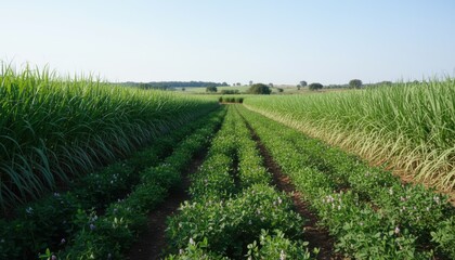 Medium shot of lush sugarcane fields alternating with vibrant legume crops showcasing sustainable crop rotation to enrich soil fertility and boost farm productivity.