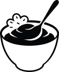 Bowl of delicious pudding with a spoon isolated on white background