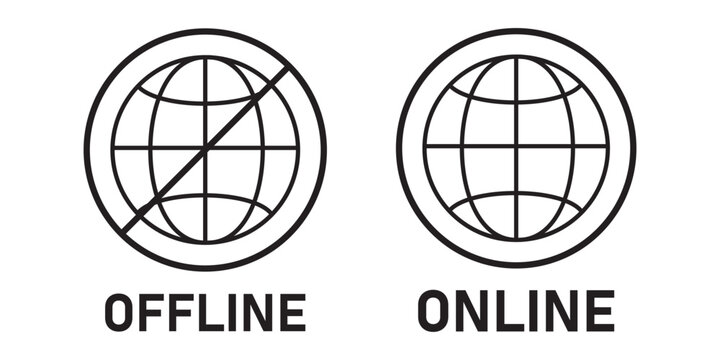 Set of online and offline internet connection icons black color. Globe icon with no signal and good signal sign symbol. Internet connection online and offline sign. Vector illustration.