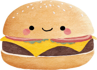 Cute Smiling Hamburger with Cheese and Onion Rings.