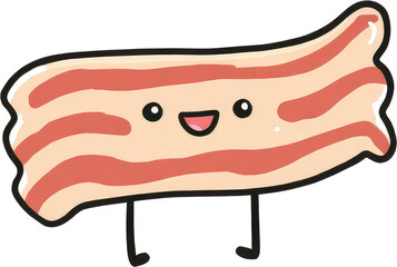 Cute cartoon bacon strip with happy face and tiny legs.