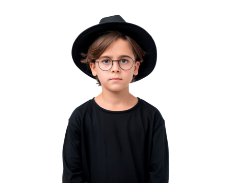 Young boy in black outfit and hat with glasses on transparent background