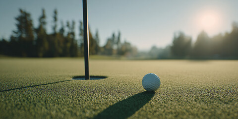 A Golf Ball Rests Beside the Pin on a Freshly Cut Green Under a Clear Blue Sky
