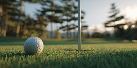 A golf ball rests on the putting green near the pin a moment of calm before the final putt on a bright sunny day