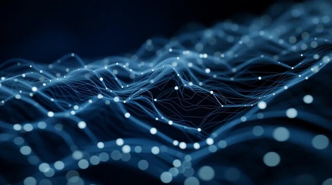 Beautiful 3D visualization of a classic layered neural network with input, multiple hidden layers, and output layer. Pulses of light flow through connections on a dark blue background, symbolizing lea
