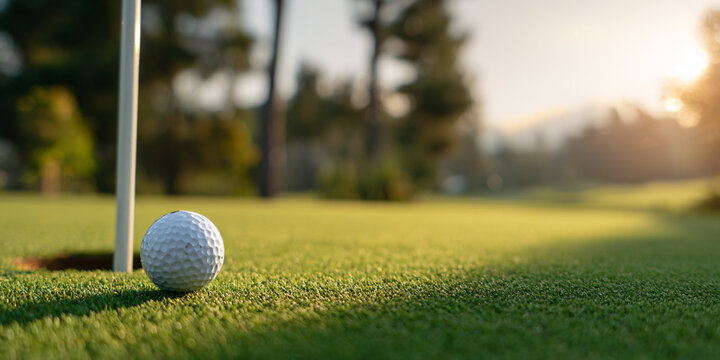 A solitary golf ball rests beside the pin on a manicured putting green under soft daylight ready for a final putt towards the hole