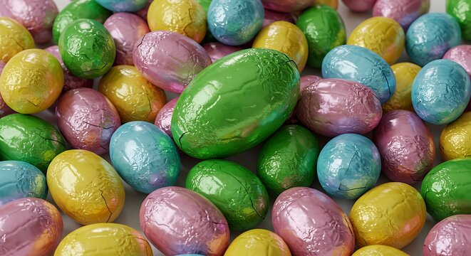 Colorful wrapped easter eggs displayed overhead in a festive arrangement
