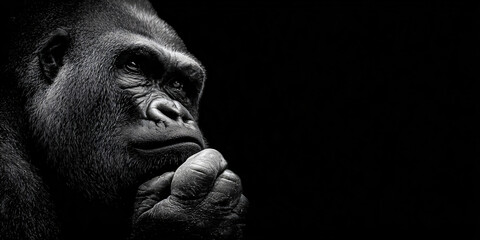 Contemplative Gorilla Lost in Thought with Hand Resting on Chin in a Moment of Primate Reflection and Deep Inner Thinking