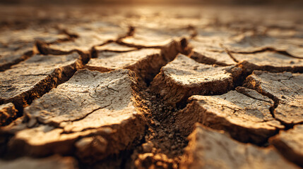 Cracked Earth Texture: A close-up, high-resolution shot showcasing the intricate patterns of cracked, arid earth under the blazing sun, representing drought and environmental challenge.