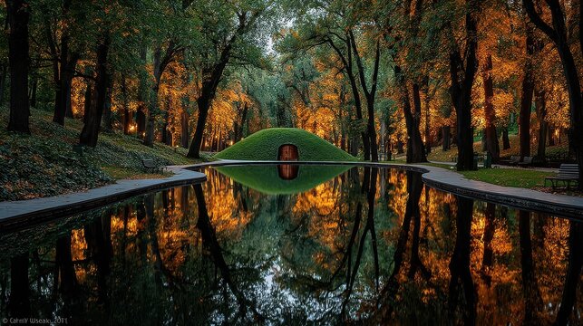 Stunning autumn reflections in a serene park with colorful trees near a tranquil pond at dusk