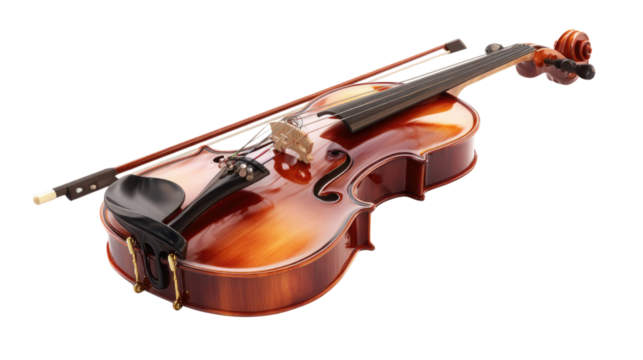 Classic Wooden Violin with Bow – String Musical Instrument Isolated on Transparent Background for Music and Art Design