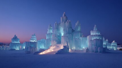 Obraz premium Illuminated ice castle in twilight under blue sky