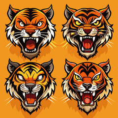 A set of vector illustration of a striped tiger head and face, a powerful wild cat and predator with bright eyes