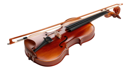 Classic Wooden Violin with Bow – String Musical Instrument Isolated on Transparent Background for Music and Art Design