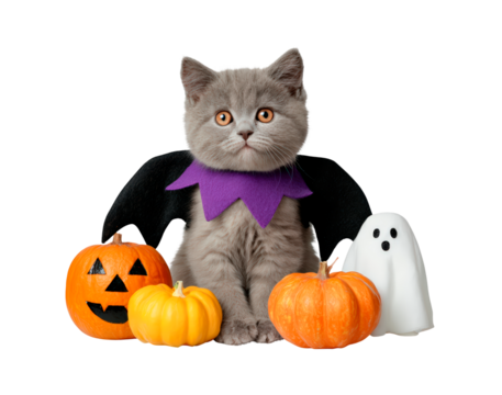 Adorable kitten in halloween costume with pumpkins and ghost decoration on transparent background
