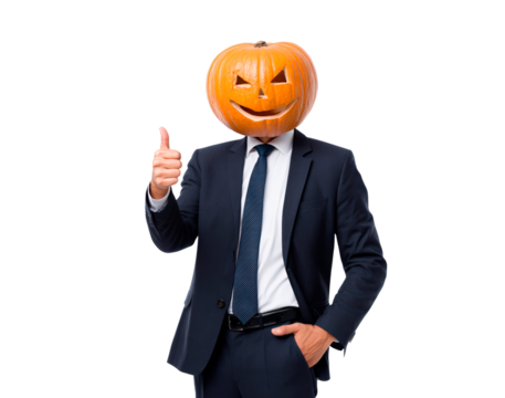 Male in suit with pumpkin head giving thumbs up on transparent background