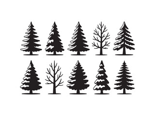Obraz premium Collection of pine trees and bare branches silhouette vector isolated on white background
