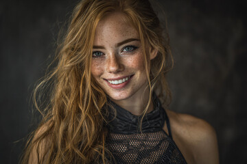 Portrait of a joyful woman with a radiant smile warm hazel eyes and a charming sprinkle of freckles across her face capturing a genuine moment of happiness