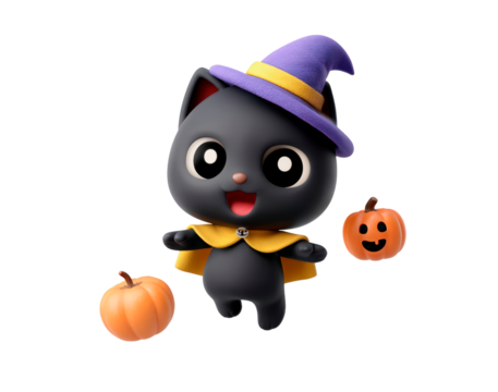 Cute cartoon black cat in witch hat with pumpkins celebrating halloween on transparent background