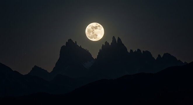 Full moon shining above mountain peaks at night in dark sky