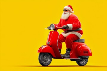Man dressed as Santa Claus is riding a red scooter. The image has a festive and cheerful mood