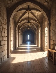 Sunlight streams through a long stone corridor