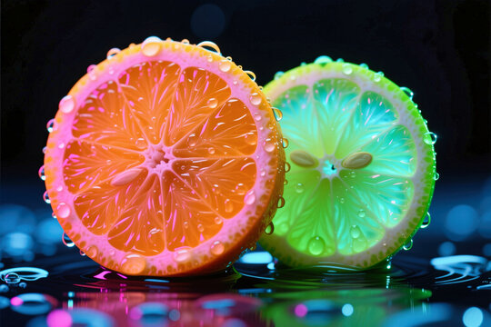 A vibrant close-up photograph of a sliced orange and lime, showcasing their bright colors against a dark reflective background with water droplets.