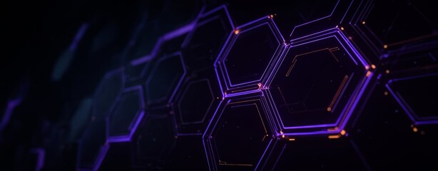 Purple and orange hexagonal pattern with a black background. The pattern is made up of small squares and triangles