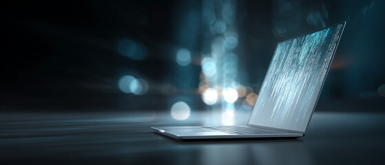 Digital data streaming on modern laptop screen, tech environment