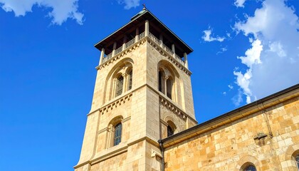 Stone church tower against a partly cloudy sky