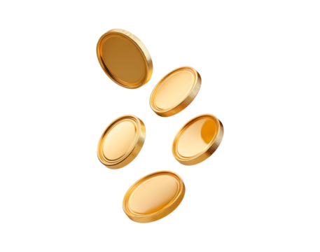 Floating golden coins on black background reflecting light on transparent background