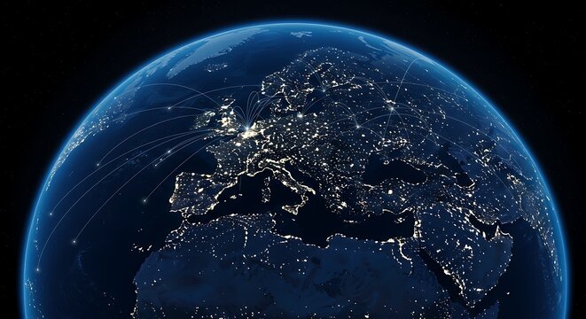 Earth at night illuminated globe view of europe and surrounding regions - Powered by Adobe