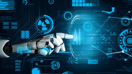 A highly detailed depiction of a robotic hand interacting with a digital interface. This represents the merging of technology and data visualization in a futuristic setting. Xenic