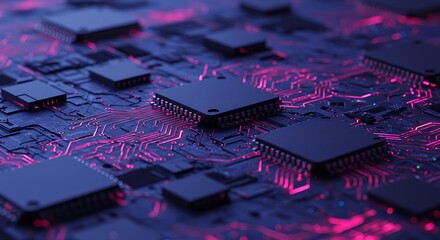 Computer microchips arranged on circuit board with glowing connections