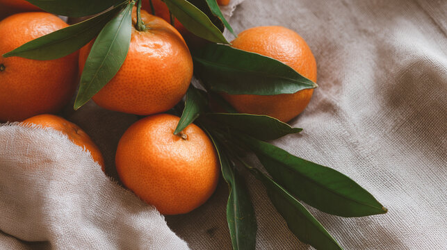 Tangerin Fresh Tangerines with Green Leaves on Rustic Fabric