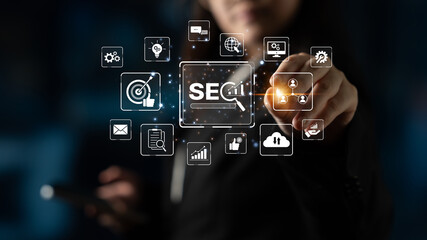 SEO concept for improving SEO visibility, with SEO related digital tools and SEO performance icons shown in an focused layout for strategic marketing. Spline