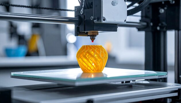 3D printer printing a bright yellow object - Powered by Adobe