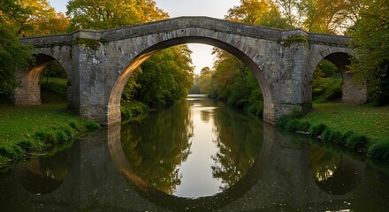 Stone bridge arching over tranquil river with reflections and surrounding foliage