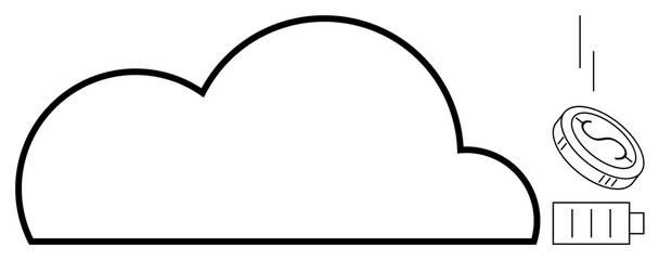 Large cloud outline with a falling coin and battery symbol. Ideal for technology, cloud computing, data storage, energy, finance, eco-efficiency, sustainability themes. Simple flat metaphor